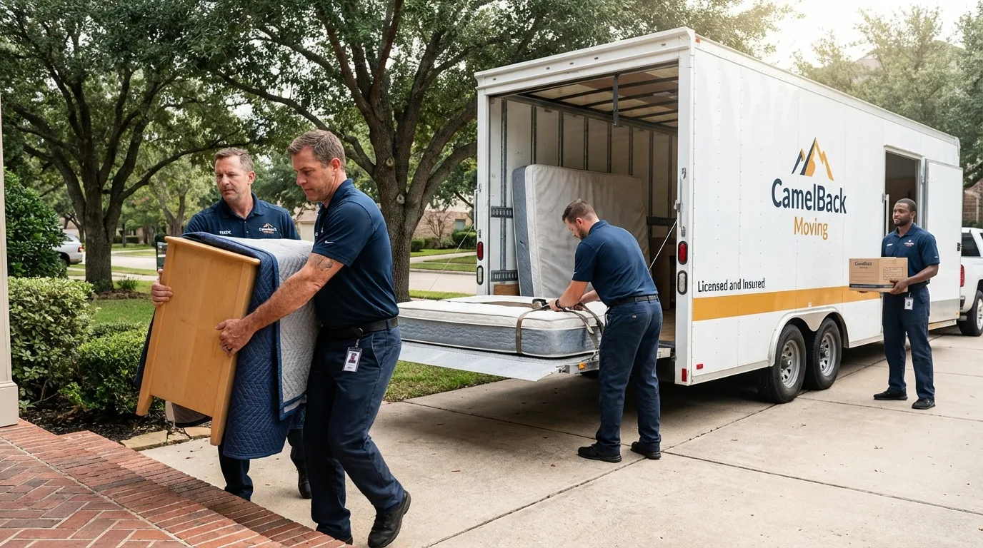 Crew loading residential truck for cross-state move from Mexico, ME