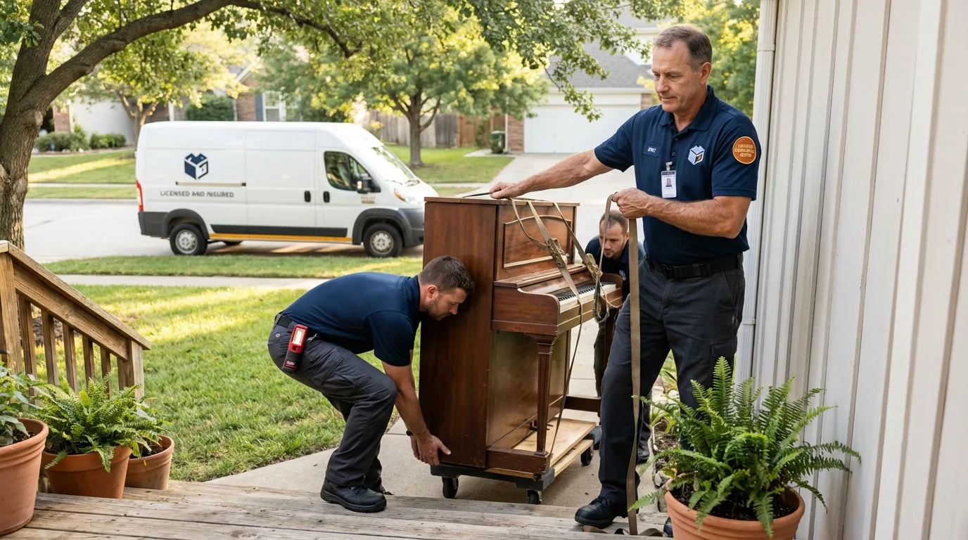 Licensed piano movers securing grand piano in Mexico, ME