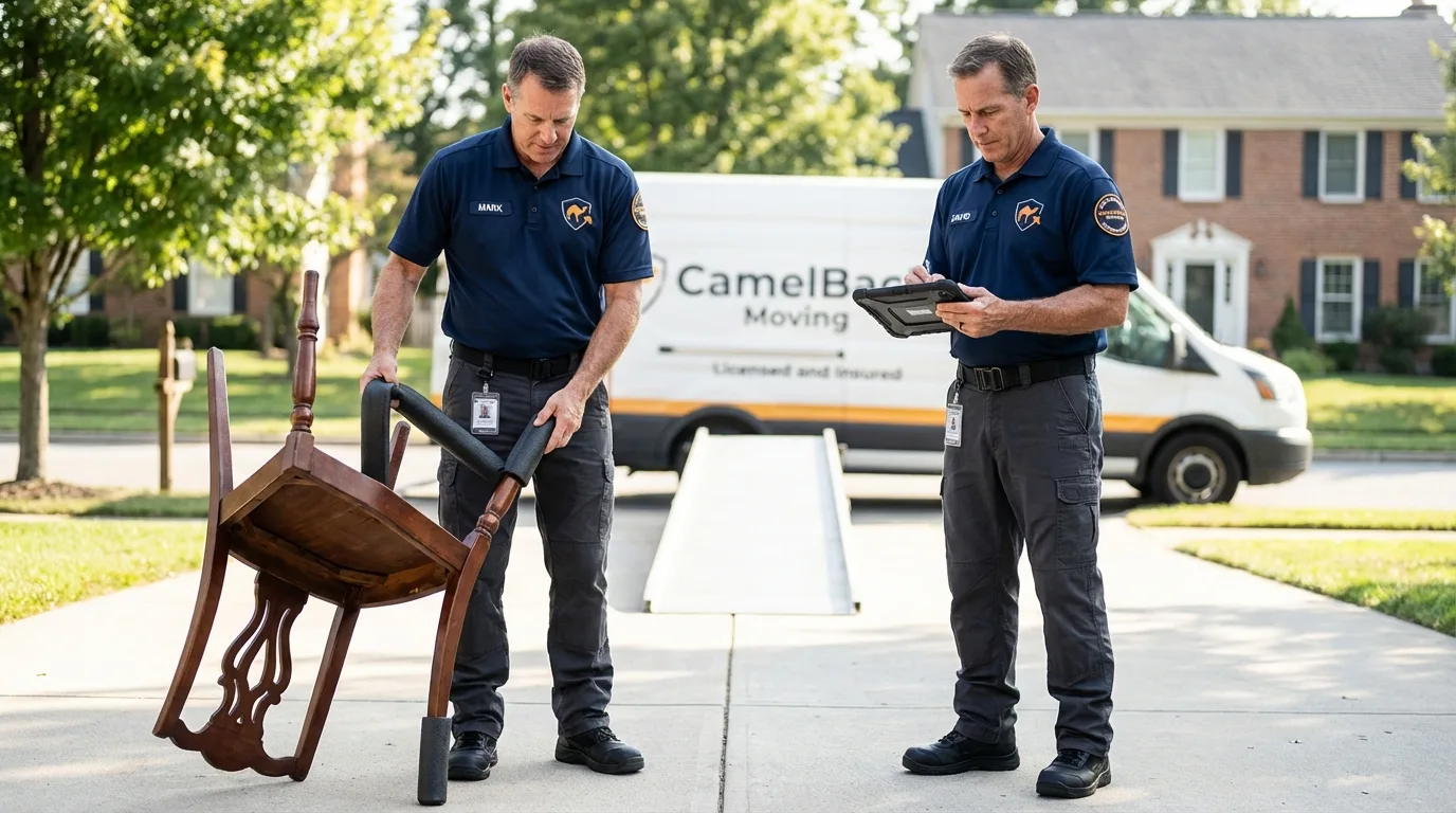 Movers inspecting furniture for damage prevention before loading in Mexico, ME