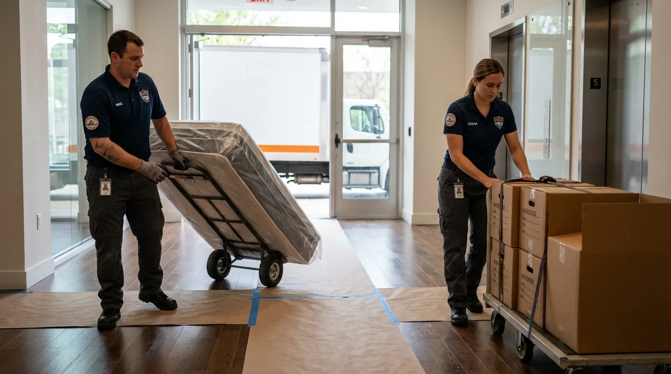 Professional apartment movers loading elevator in Mexico, ME